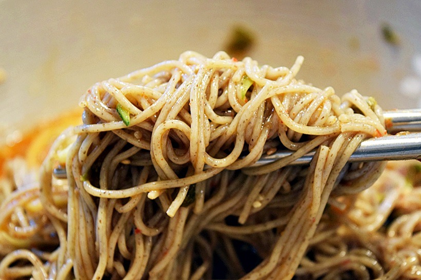 Makguksu, Chuncheon's cold buckwheat noodles served with cucumber and a tangy vinegar-gochujang sauce
