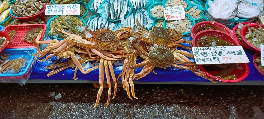 Seafood stall with fresh crabs at Mangwon Market in Mapo-gu, Seoul