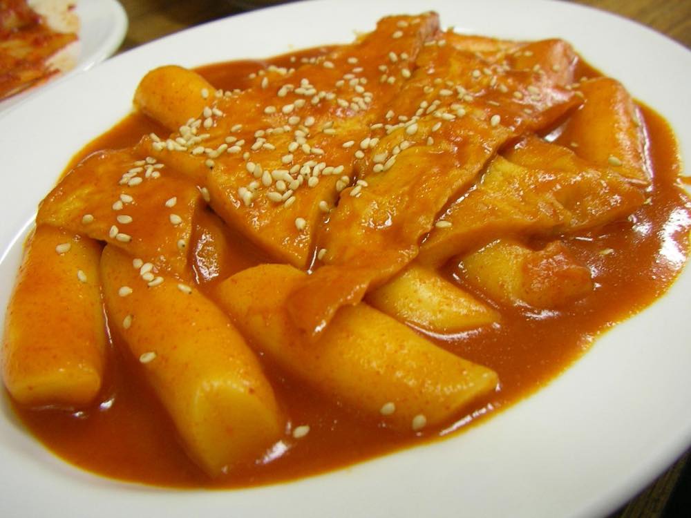 Bowl of Korean tteokbokki, the spicy rice cake dish invented in Sindang-dong