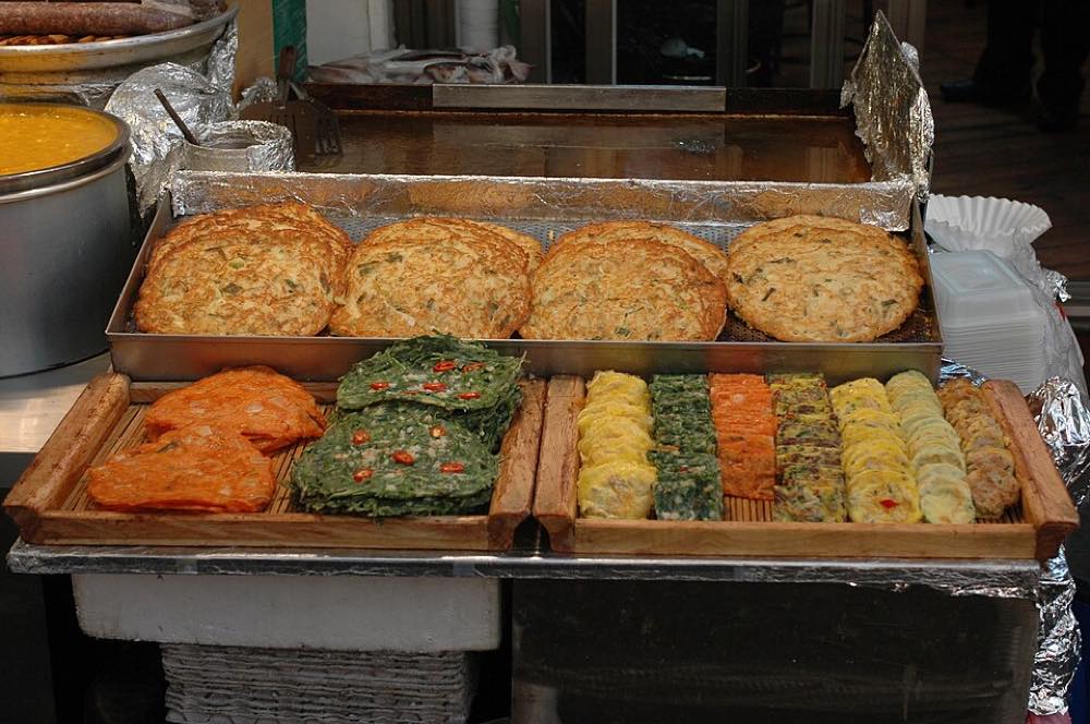 Korean savory pancakes and pan-fried jeon at a Seoul traditional market