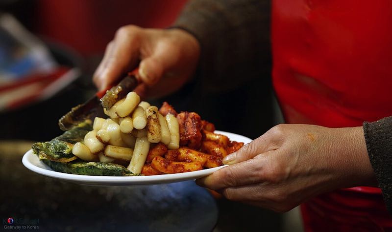 Plate of market side dishes at Tongin Market in Seoul